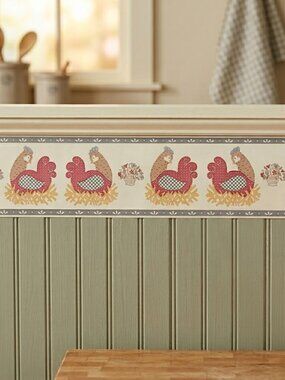 Vtg Collins & Aikman Wallcoverings Chicken Folk Art Border Paper Hen Wallpaper